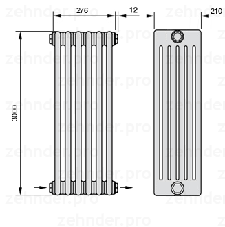 Схема (чертеж) Радиатор Zehnder Charleston 6300/6 №2670 Белый глянцевый RAL 9016